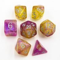 Purple/Yellow Set of 7 Shimmering Galaxy Polyhedral Dice with White Numbers