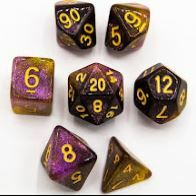 Black/Purple/Yellow Set of 7 Shimmering Galaxy Polyhedral Dice with Gold Numbers