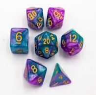 Purple/Teal Set of 7 Sparkly Fusion Polyhedral Dice with Gold Numbers