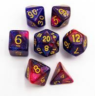 Blue/Red Set of 7 Sparkly Fusion Polyhedral Dice with Gold Numbers