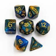 Blue/Orange Set of 7 Sparkly Fusion Polyhedral Dice with Gold Numbers