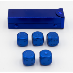 Blue set of 5 metal D6 pipped and in a metal container