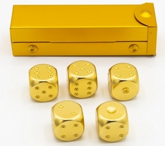 Gold set of 5 metal D6 pipped and in a metal container