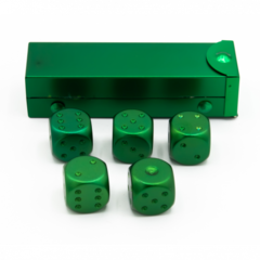 Green set of 5 metal D6 pipped and in a metal container