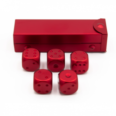 Red set of 5 metal D6 pipped and in a metal container