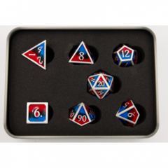 Black/Blue/Red Set of 7 Metal Polyhedral Dice with Silver Numbers