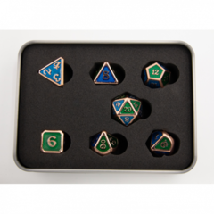 Blue/Green Scaled Set of 7 Metal Polyhedral Dice with Copper Numbers