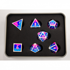 Blue/Pink/Purple Set of 7 Metal Polyhedral Dice with Silver Numbers