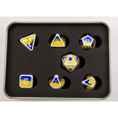 Blue/Yellow Scaled Set of 7 Metal Polyhedral Dice with Silver Numbers