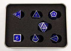 Dark Blue Shadow Set of 7 Metal Polyhedral Dice with Silver Numbers