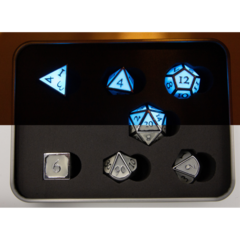 Glow Blue Set of 7 Metal Polyhedral Dice with Silver Numbers