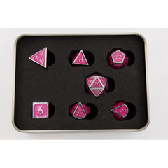 GLOW PINK Shadow Set of 7 Metal Polyhedral Dice with Silver Numbers