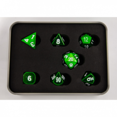 Green Set of 7 Metal Polyhedral Dice with White Numbers