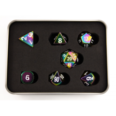 Rainbow Set of 7 Metal Polyhedral Dice with White Numbers