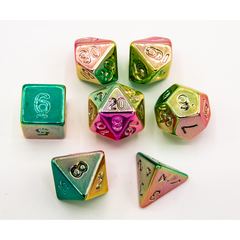 Rainbow Set of 7 Almost Metal Polyhedral Dice with Rainbow Numbers