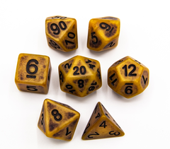 Gold Set of 7 Ancient Polyhedral Dice with Black Numbers