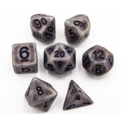 Silver Set of 7 Ancient Polyhedral Dice with Black Numbers