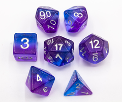 Blue/Purple Set of 7 Aurora Polyhedral Dice with White Numbers