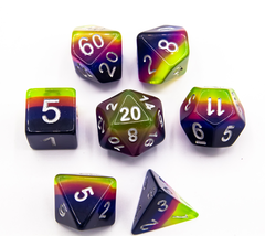 Electric Sunrise Set of 7 Aurora Polyhedral Dice with Silver Numbers