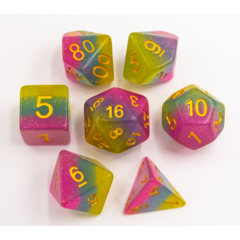 Purple/Blue/Yellow Set of 7 Aurora Polyhedral Dice with Gold Numbers