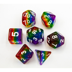 Rainbow Set of 7 Aurora Polyhedral Dice with Silver Numbers