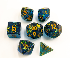 Blue Set of 7 Big Glitter Polyhedral Dice with Gold Numbers