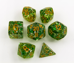 Green Set of 7 Big Glitter Polyhedral Dice with Gold Numbers