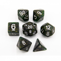 Green Set of 7 Dark Nebula Polyhedral Dice with Silver Numbers