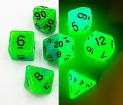 Blue/Green Set of 7 Fusion Glow In Dark Polyhedral Dice with Black Numbers