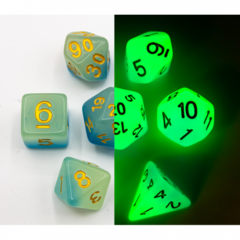 Blue/White Set of 7 Fusion Glow In Dark Polyhedral Dice with Gold Numbers