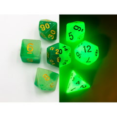 Green/White Set of 7 Fusion Glow In Dark Polyhedral Dice with Gold Numbers