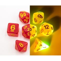 Red/White Set of 7 Fusion Glow In Dark Polyhedral Dice with Gold Numbers