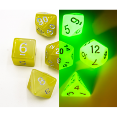 White/Yellow Set of 7 Fusion Glow In Dark Polyhedral Dice with Gold Numbers