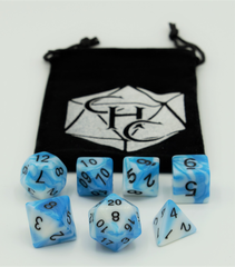 Black/Blue Set of 7 Fusion Polyhedral Dice with White Numbers