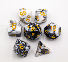 Black/White Set of 7 Fusion Polyhedral Dice with Gold Numbers