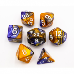 Blue/Gold Set of 7 Fusion Polyhedral Dice with White Numbers