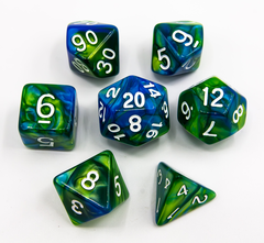 Blue/Green Set of 7 Fusion Polyhedral Dice with White Numbers