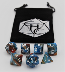 Blue/Orange Set of 7 Fusion Polyhedral Dice with White Numbers