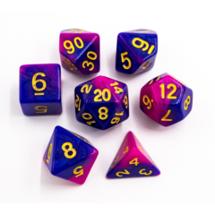 Blue/Purple Set of 7 Fusion Polyhedral Dice with Gold Numbers