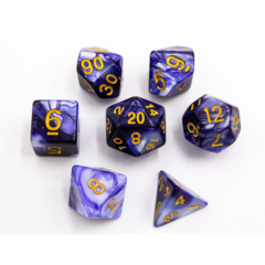 Blue/White Set of 7 Fusion Polyhedral Dice with Gold Numbers