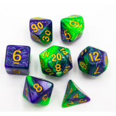 Green/Purple Set of 7 Fusion Polyhedral Dice with Gold Numbers