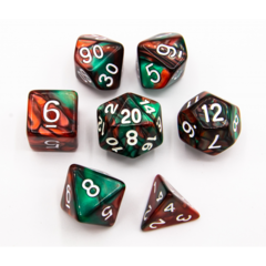 Green/Red Set of 7 Fusion Polyhedral Dice with White Numbers