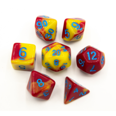 Red/Yellow Set of 7 Fusion Polyhedral Dice with Blue Numbers