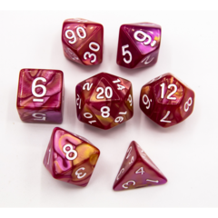 Rose/Yellow Set of 7 Fusion Polyhedral Dice with White Numbers