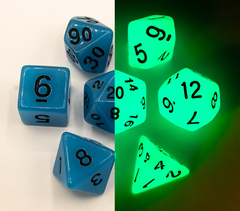 Blue Set of 7 Glow In Dark Polyhedral Dice with Black Numbers