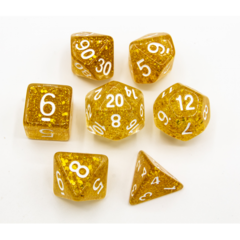 Gold Set of 7 Glitter Polyhedral Dice with White Numbers