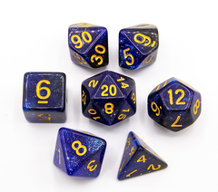 Black/Blue Set of 7 Galaxy Polyhedral Dice with Gold Numbers