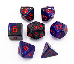 Black/Blue Set of 7 Galaxy Polyhedral Dice with Red Numbers