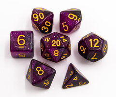 Black/Purple Set of 7 Galaxy Polyhedral Dice with Gold Numbers