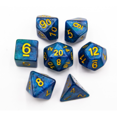 Blue/Green Set of 7 Galaxy Polyhedral Dice with Gold Numbers